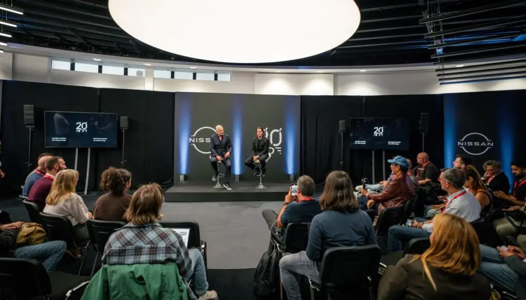 Two men sit on stools on a low stage speaking as the audience sits in front watching and listening.